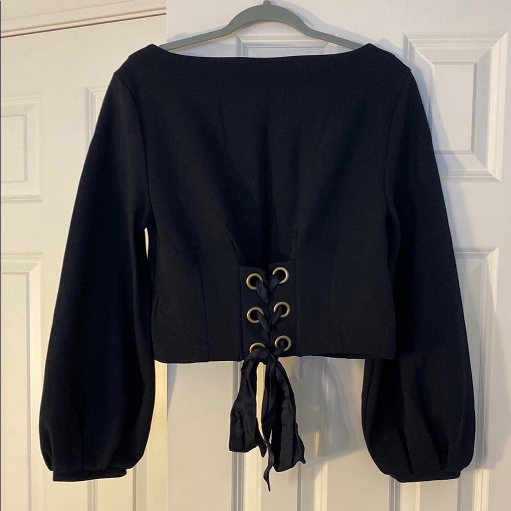 Anthropologie Black Crop Tie back Blouse with Bishop Sleeves